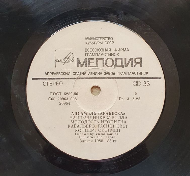 Пластинка ансамбль "Арабеска" без конверта.