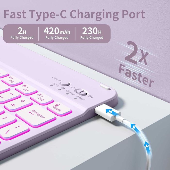 Калъф BQDIYOO с клавиатура за iPad 10 10,9 инча, 7 подсветка, лилав