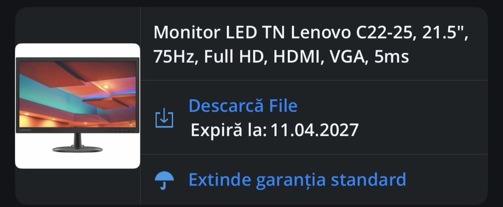 Monitor Lenovo Full HD 21.5” in garantie