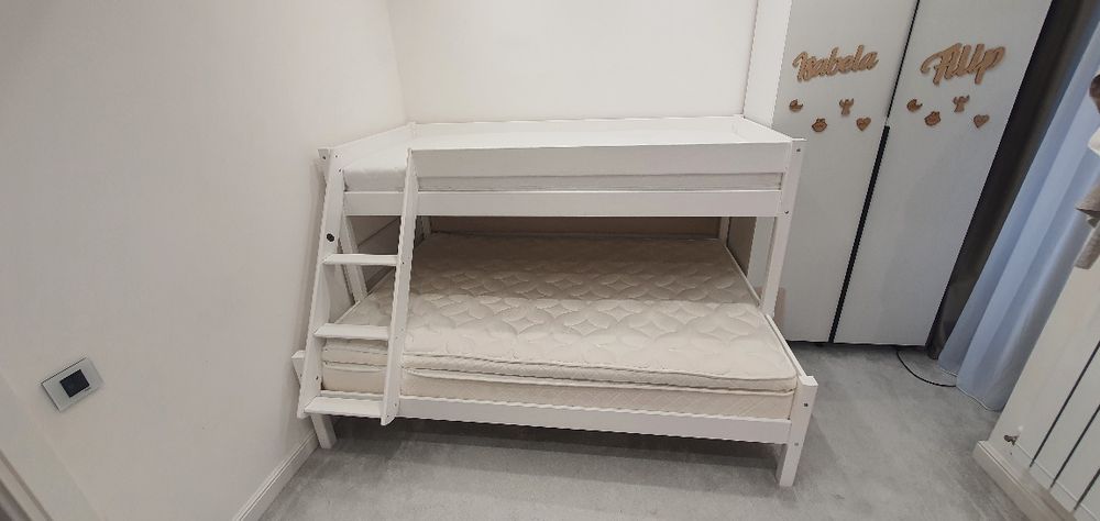 Pat etajat copii,Lemn masiv 90/140 x 200 cm ALB