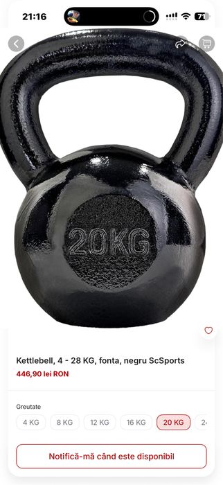 Kettlebell 20 kg. Fonta nou made in Germania, pret 300 lei bucata