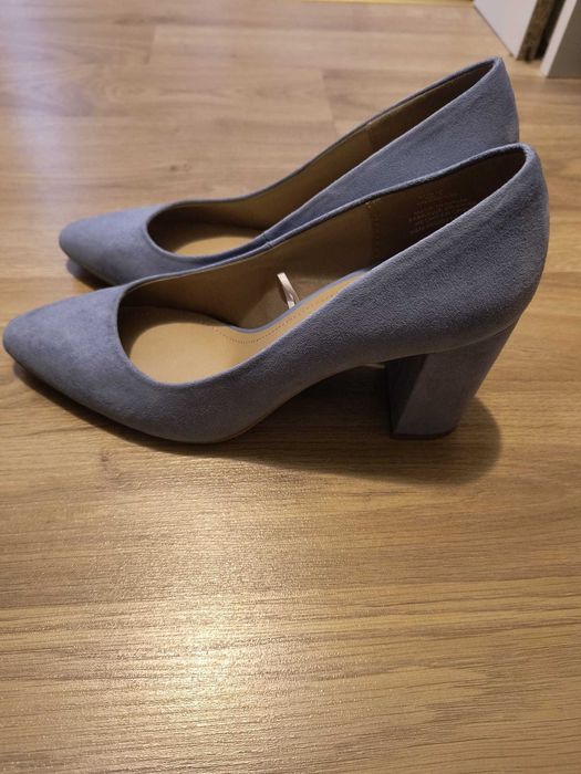 Pantofi cu toc pătrat, culoare albastru deschis
