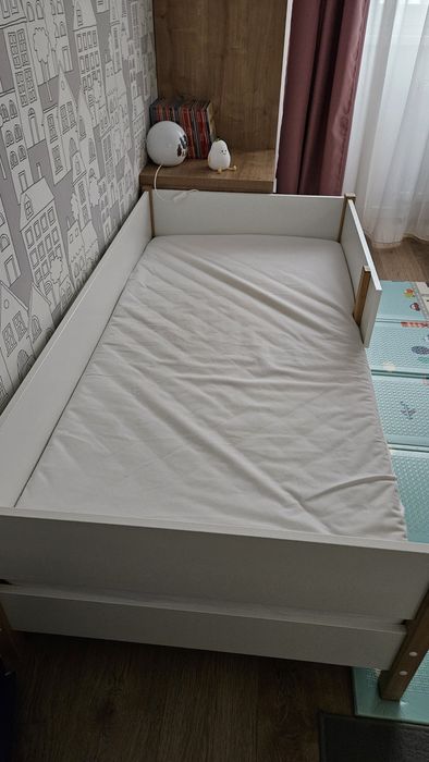 Pat copii stejar și PAL 80x160 cm saltea premium cu strat cocos inclus