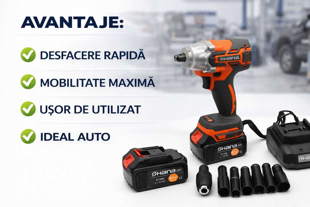 Cheie impact 680Nm cu 2 baterii set complet profesional