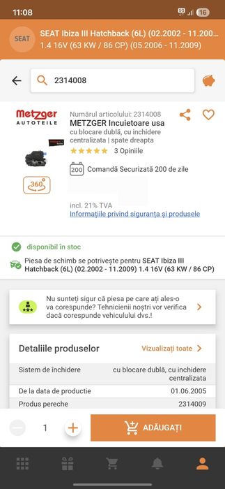 Incuietoare NOUA Metzger,  usa dreapta spate  VW Polo