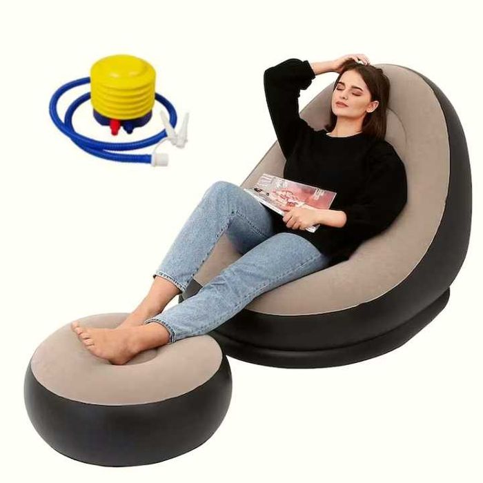 Супер цена! Нов надуваем фотьойл/кресло с табуретка и помпа, Винил+пуф