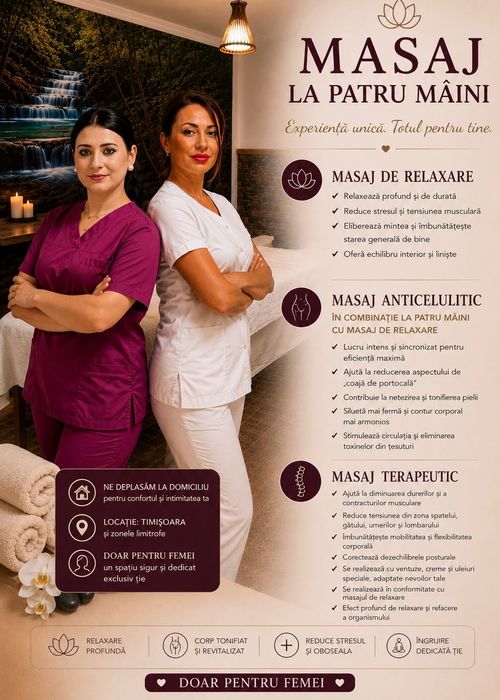 Masaj de relaxare, terapeutic si anticelulitic, doar pentru femei. In Timisoara si in imprejurimi.