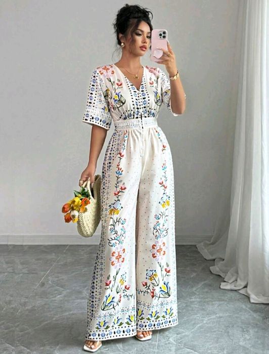 Elenzga Salopetă elegantă Elenzga, cu decolteu în V, cu model vintage