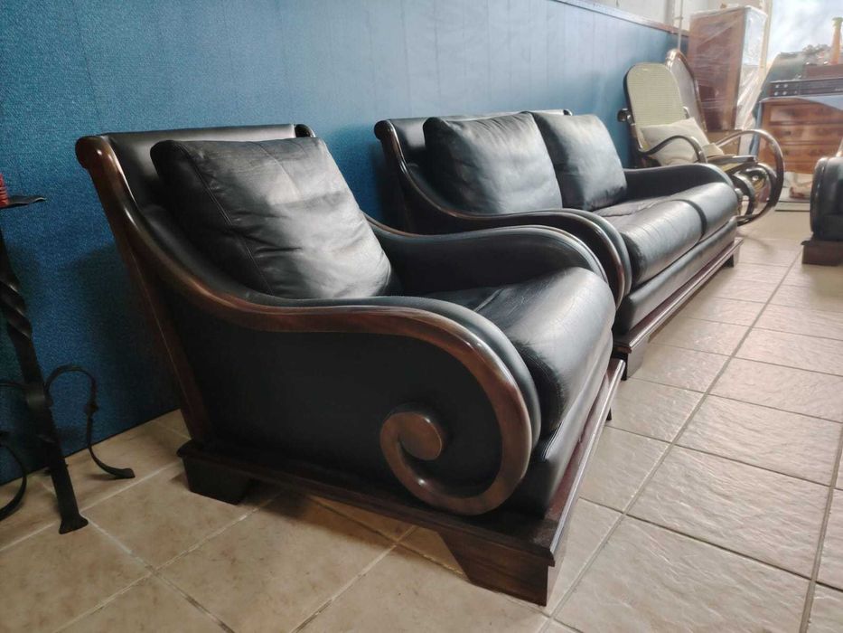 Set rar canapea si 2 fotolii lemn tec mahon piele naturala Danemarca