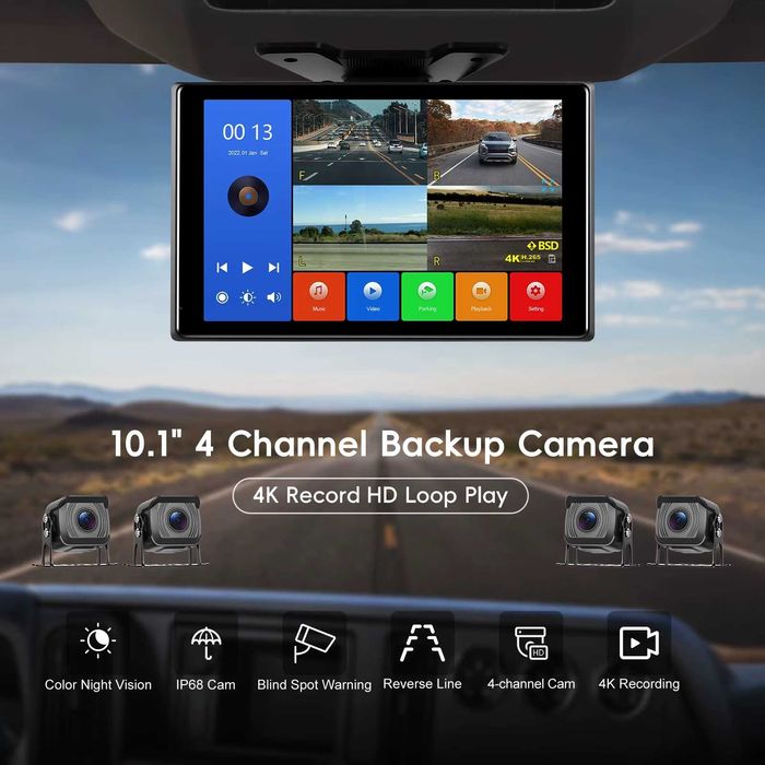 10.1” 4K Монитор с 4 Камери за Камион Бус паркиране Автомобил DVR Парктроник заден ход Нощно Виждане с четири камери