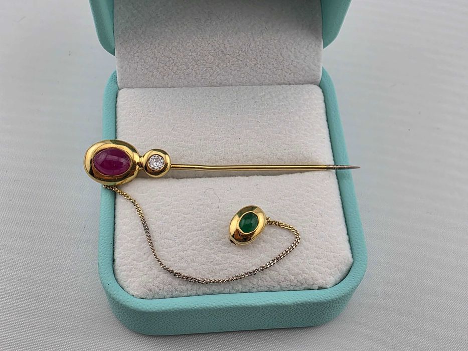 Brosa Aur 18 kt cu diamant,smarald si rubin