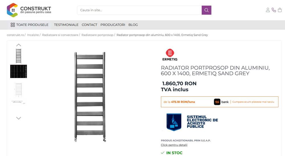 Calorifer aluminiu gri Ermetiq 600x1600