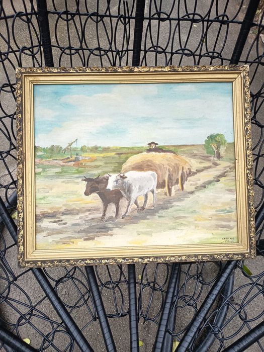 Tablou Românesc Foarte Vechi Car Cu Boi Pictat Și Semnat Pe Panza