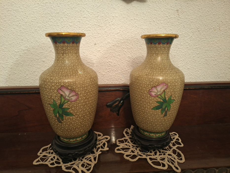Cloisonne - pereche de vaze vechi emailate cloisonné