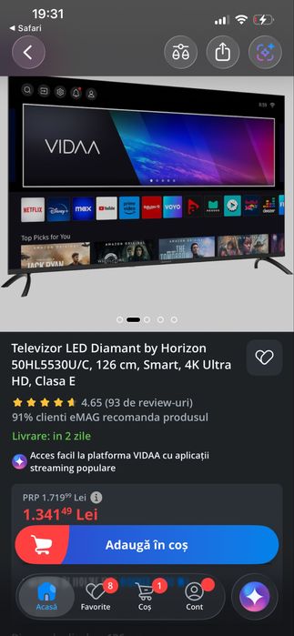 50” (127 cm), 3840×2160 4K, DLED, Smart VIDAA, 3× HDMI, consum maxim 90 W