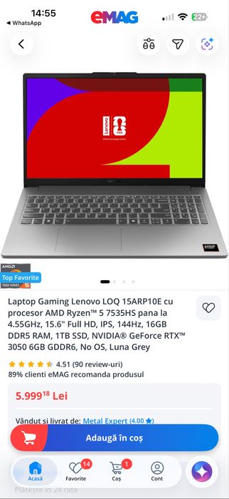 Laptop Gaming Lenovo LOQ 15ARP10E Ryzen 5 / RTX 3050 / 16GB / 1TB – NOU SIGILAT