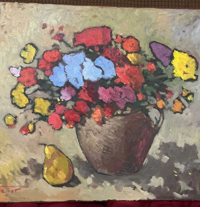 TABLOU DAVID CROITOR - Ulei pe panza - 50x40 - Pictura Flori in ulcior