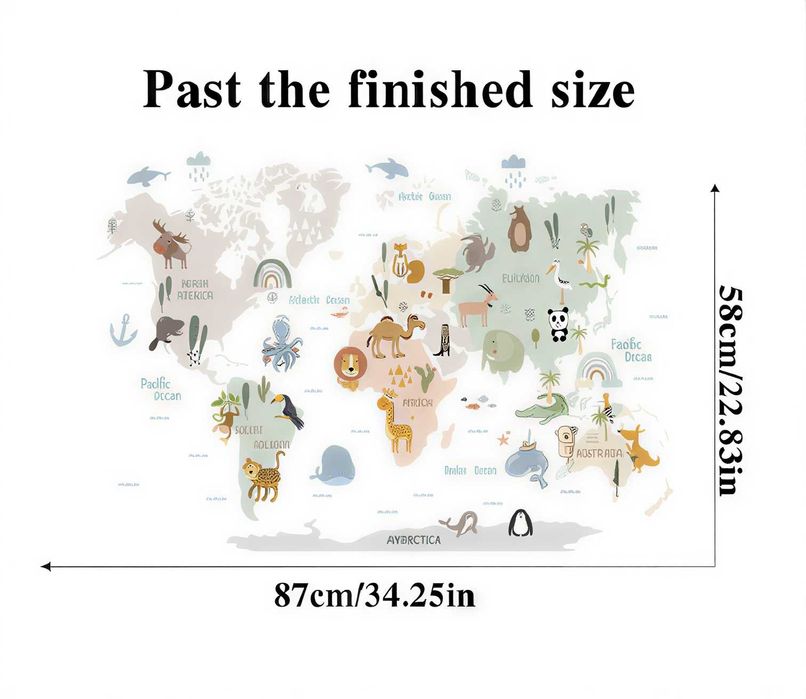 Sticker educativ harta lumii cu animale, sticker decorativ autocolant, sticker camera copilului