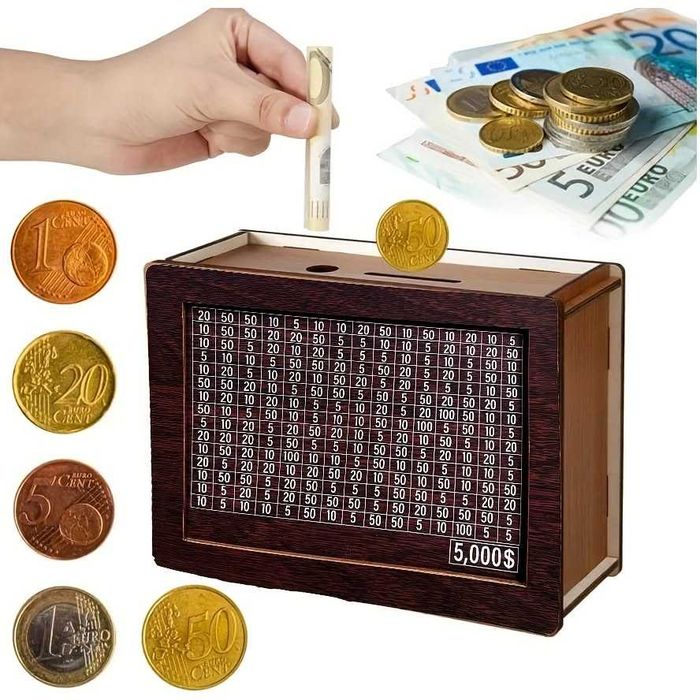 Касичка за възрастни и деца, дървена касичка за монети купюри с брояч, тъмно кафява за 5000 евро