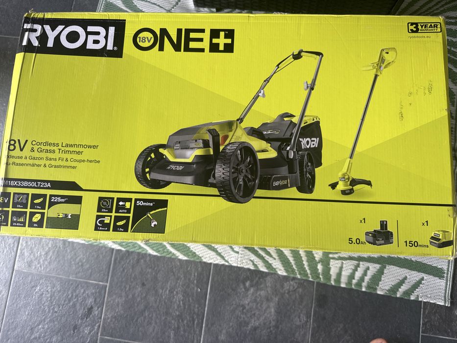 Mașină de tuns iarba RYOBI 33 cm și trimmer pentru iarbă 23 cm, 18V 1 baterie 5,0 Ah, noua