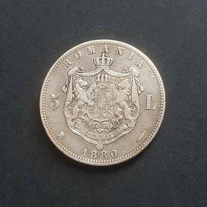 Moneda 5 lei 1880 argint, varianta cu gravorul pe cercul perlat.
