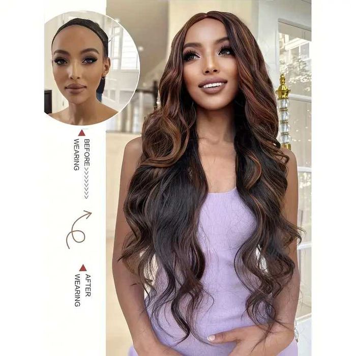 Тъмно кафява вълнообразна перука с кичури