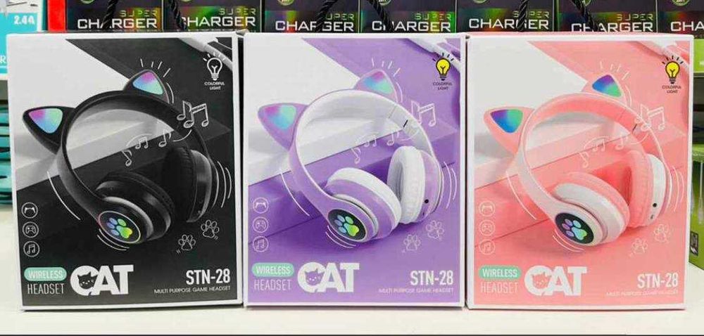 Новые красивые наушники с кошачами ушками с подсветкой блутуз microSD