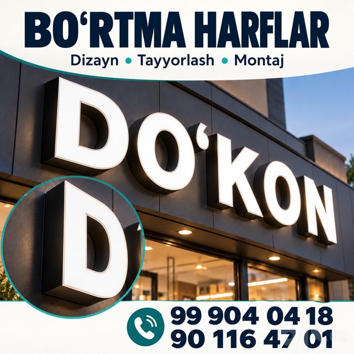 Tashqi va ichki reklama poligrafiya Banner, orakal, bo‘rtma harflar, v