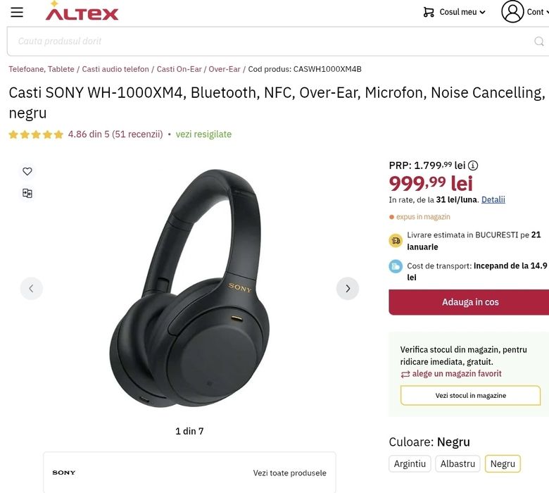 Casti SONY WH-1000XM4, Bluetooth, NFC, Over-Ear, Microfon, Noise Cance