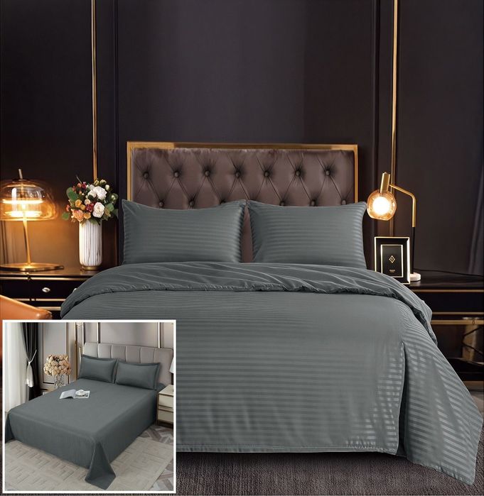 Lenjerie Damasc Ohio Df011, Damasc, 6 Piese, Fara Elastic, Gri