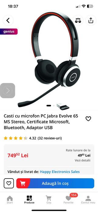 Casti PC Bluetooth microfon JabraGN Evolve40 65 NOU SIGILAT Platronics