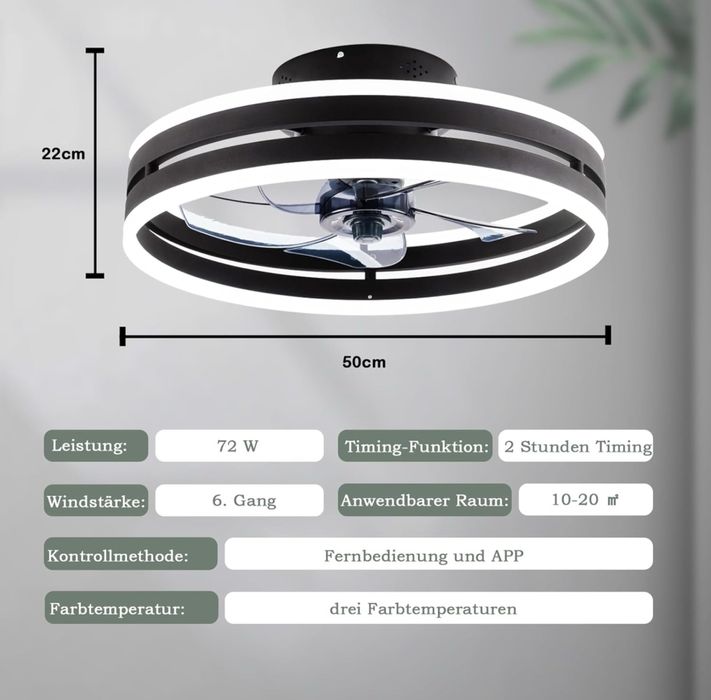 Вентилатор за таван с дистанционно/APP управление, черен