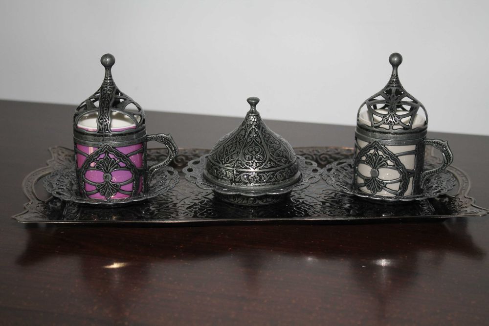 Set 2 cești cafea, model otoman, cu tavă și zaharniță