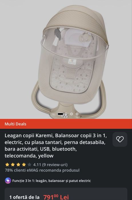 Leagan/Balansoar electric cu plasa tantari, usb, bluetooth, telecomanda