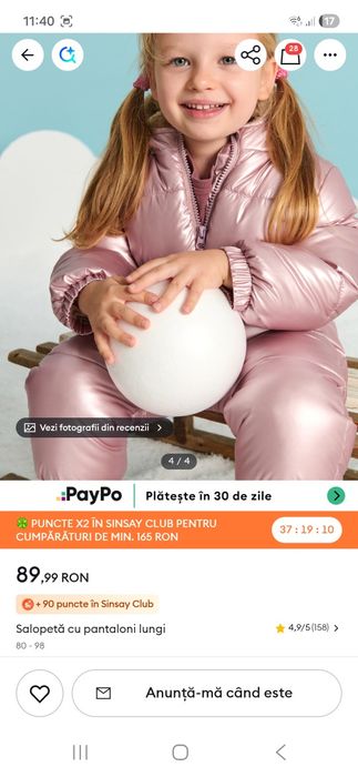 Salopeta îmblanita Sinsay 98 cm, stare foarte bună, defect  închidere cordon