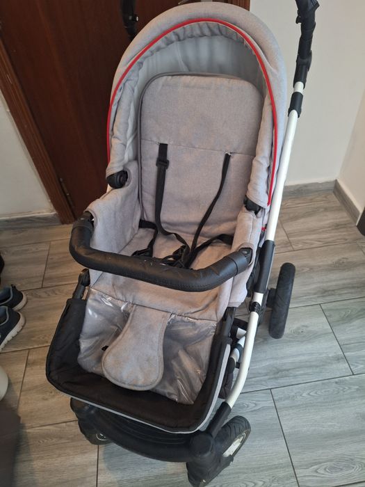 Cărucior 3 în 1 complet – landou + scoică + sport | Gri cu detalii roșii