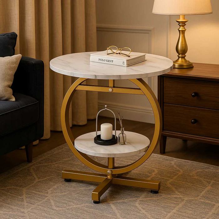 Masuta de cafea rotunda cu design tip marmura, 2 nivele de depozitare