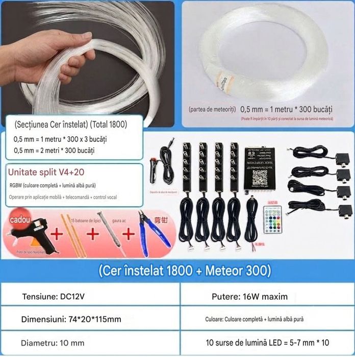 Kit Premium Stelute Plafon Cer Instelat RGBW cu  Meteoriti (Stele Cazatoare) – 2100 Fibre Optice Aplicatie si Telecomanda
