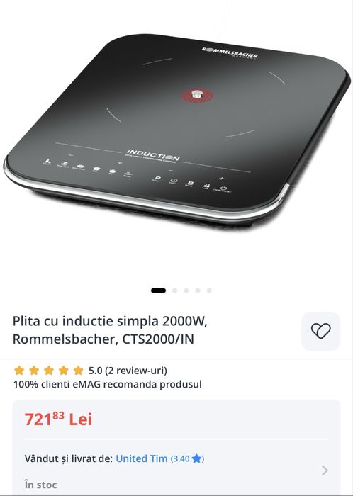 Plita cu inductie simpla 2000W, Rommelsbacher, CTS2000/IN