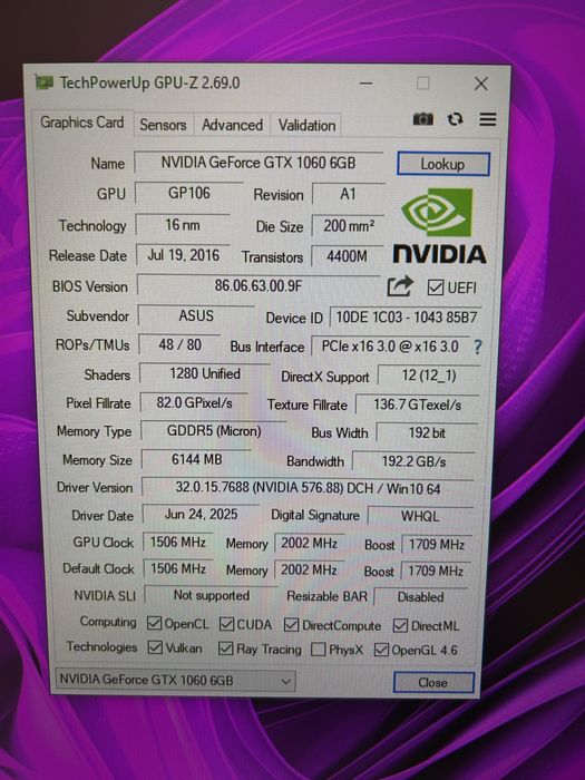 NVIDIA GeForce GTX 1060 6 gb Asus Dual White
