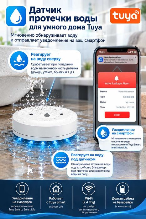Беспроводной датчик протечки воды Tuya / Алиса — Zigbee и Wi-Fi