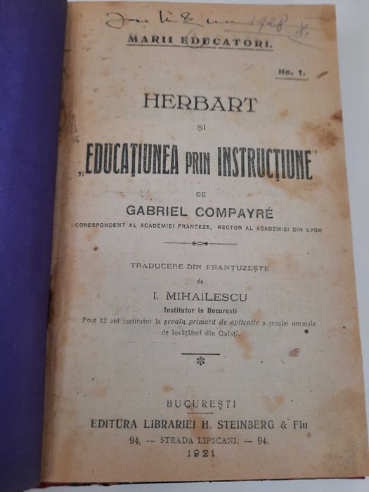 Carte veche 1921"Herbert si educatiunea prin instructiune"