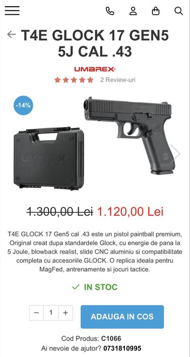 Pistol Umarex Glock 17 Gen5 T4E calibrul 43 Co2