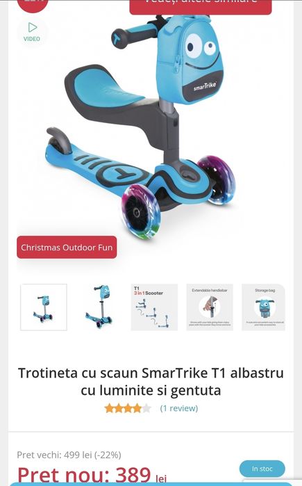 Trotineta copii SmarTrike T1 albastru cu luminite si gentuta