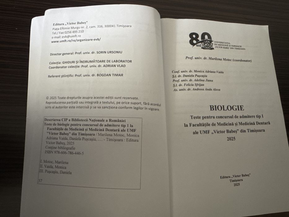 Carte de teste la biologie pentru admiterea de la umf Timisoara 2025