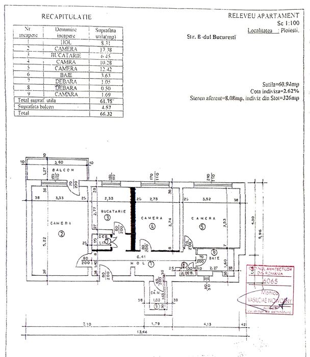 Vând apartament cu 3 camere, 61 mp, 1/10, 1978, Bariera Bucureşti. Accept credit ipotecar
