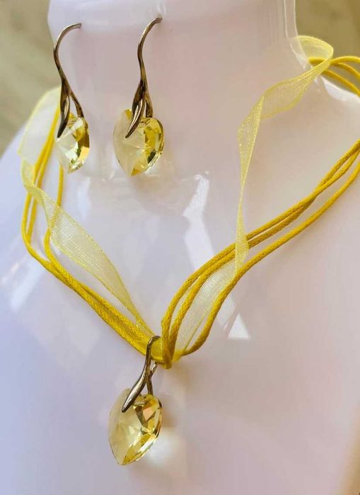 Set cercei si pandantiv Swarovski, pandantiv inima light topaz si accesorii din argint 925