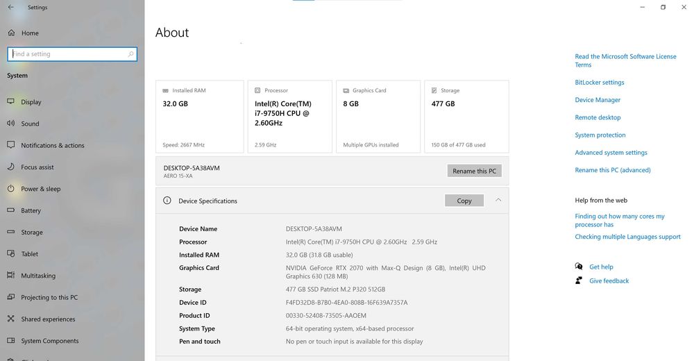 Laptop Gigabyte AERO 15 XA | RTX 2070 8GB | 32GB RAM | Ecran 4K