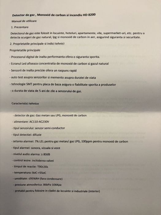 Detector pentru scurgeri de gaz si monoxid de carbon plus electovana
