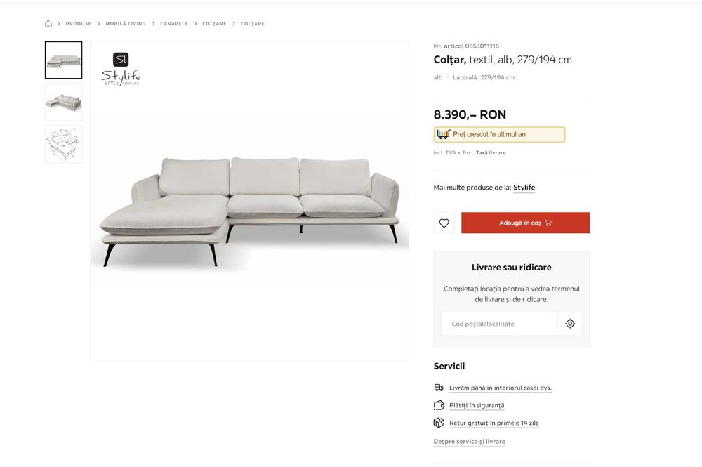 Stylelife Colțar, textil, alb, 279/194 cm